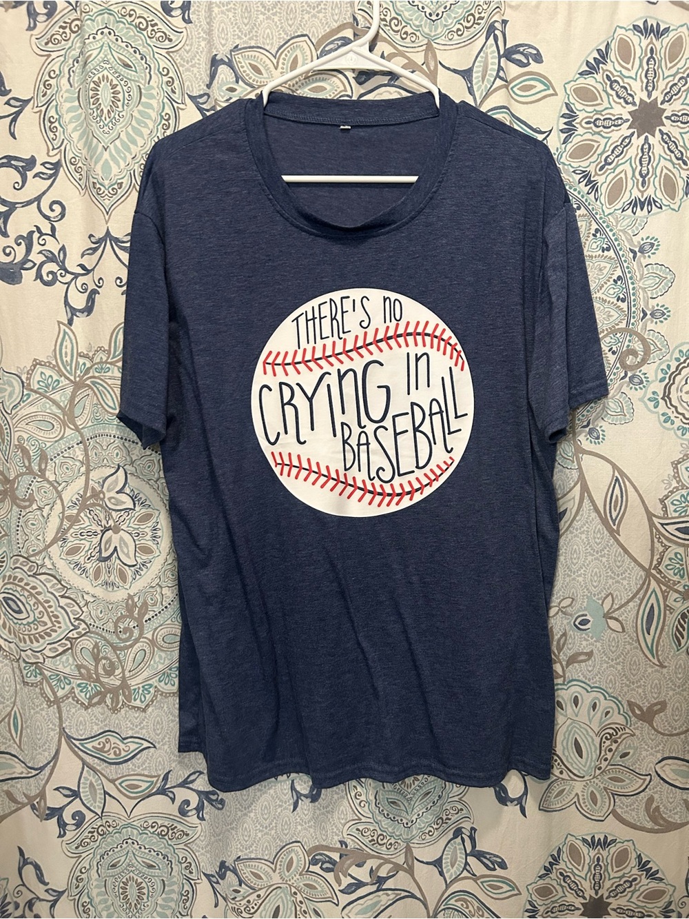 Navy Short Sleeve Tee with Baseball Graphic - There's No Crying in Baseball
